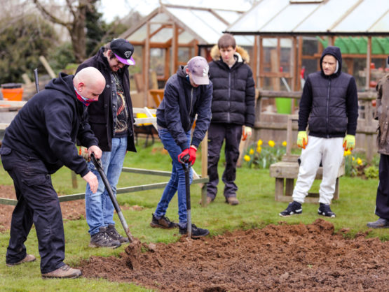 A group of volunteers digging soil